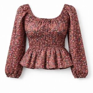 Zara Floral Print Puff Sleeve Peplum Top Poplin Blouse Size Small